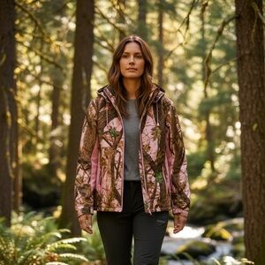 NWT Aqua Stop Women L Pink Camo Soft Shell Jacket W/detachable hood - Outdoors